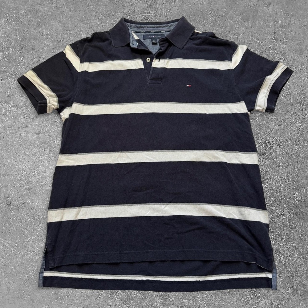 Tommy Hilfiger Mens Navy Blue White Striped Cotton Polo Shirt Large Short Sleeve